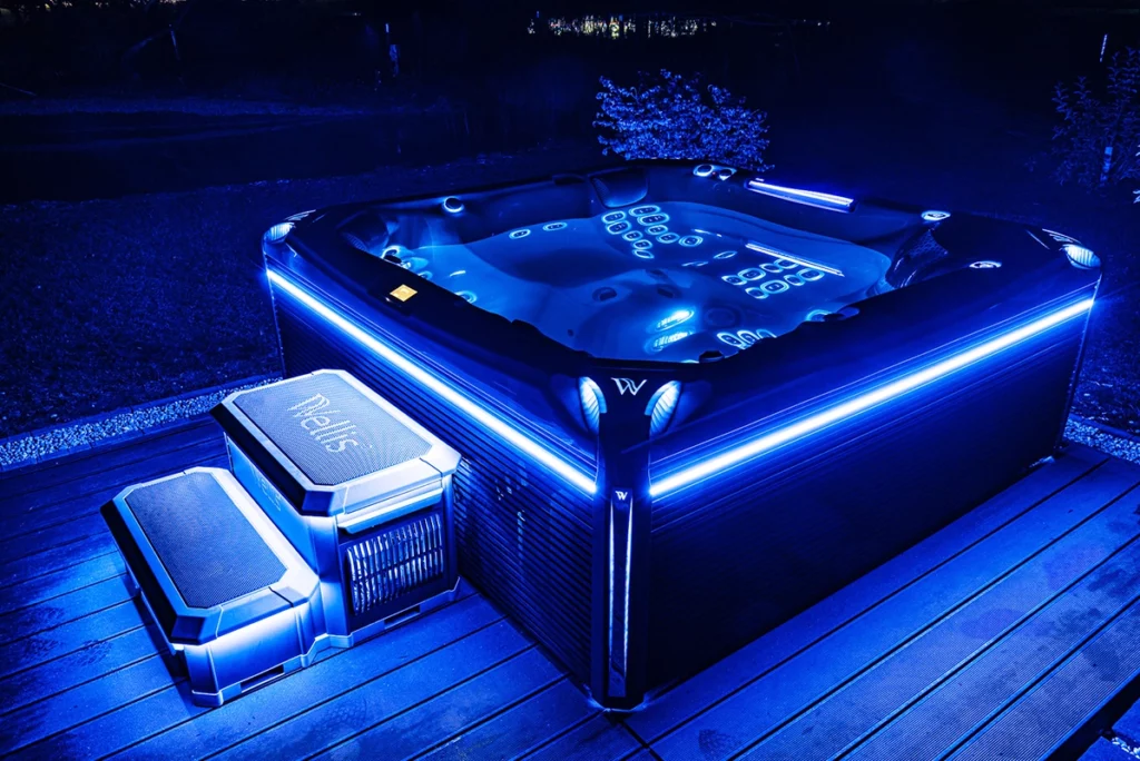 Picture of Wellis energy-efficient hot tubs with LED lights.